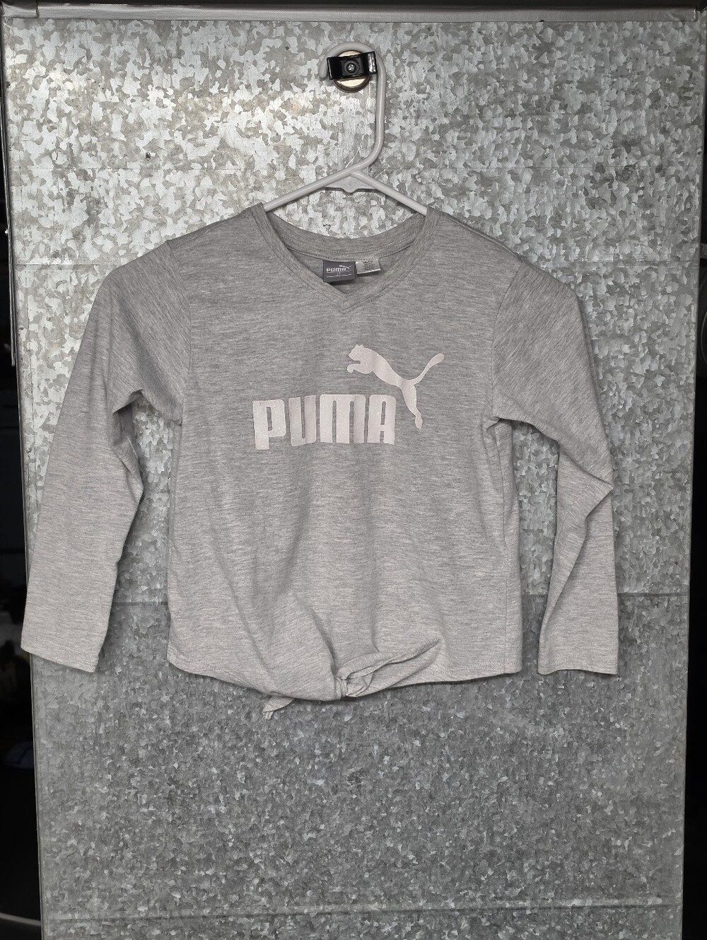 PUMA Gray white logo Long Sleeve V-Neck Top Girls 6X